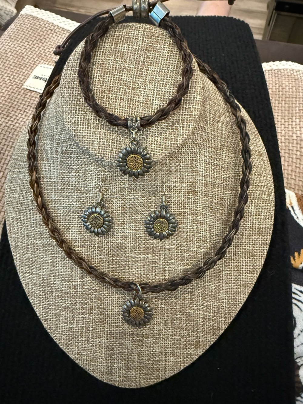 Sunflower Braided Horse Hair Bracelet Earrings Necklace Set Cowboy Collectibles
